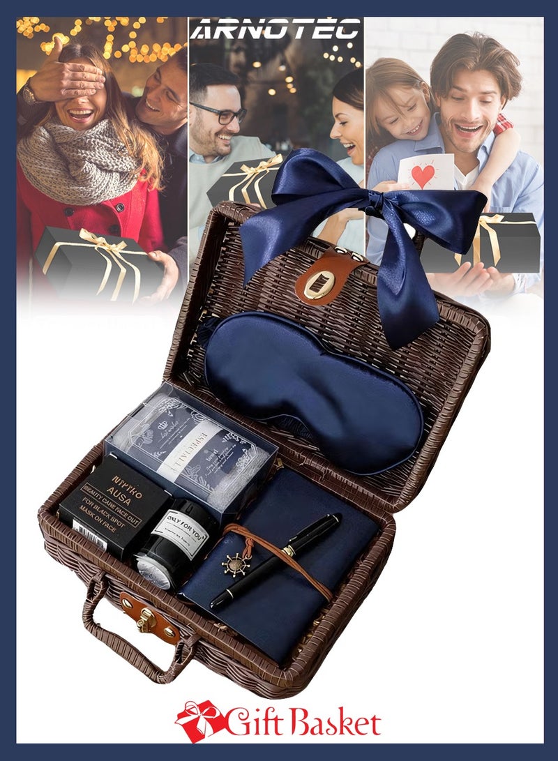 ARNOTEC Luxury Men's Gift Set — Business Retro Rattan Basket Gift Set | Includes Blue Notebook, Vintage Ballpoint Pen, Thai Handmade Soap, Aromatherapy Wax, Towel, Satin Eye Mask | Perfect for Weddings, Birthdays, Business Gifts  - Image 2