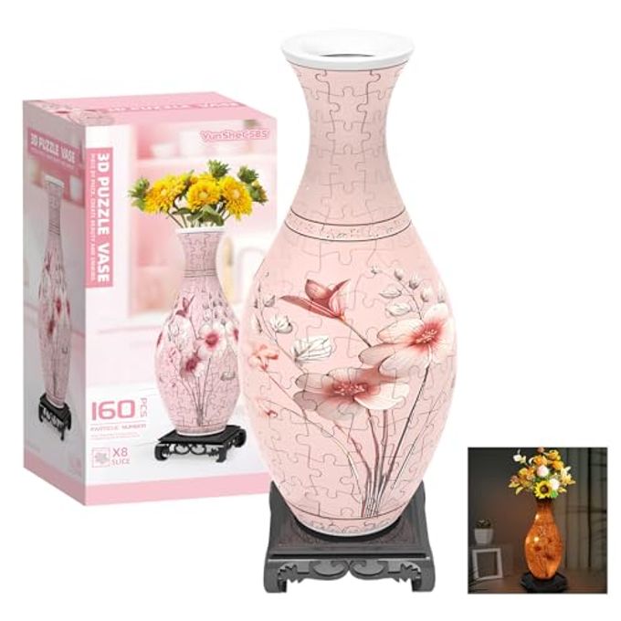 3D PUZZLES VASE FOR ADULTS BIRTHDAY GIFTS FOR WOMEN 160 PIECES PLASTIC DIY UNIQUE FLOWER VASE WITH LED LIGHT CRAFTS FOR ADULTS HOUSE WARMING GIFT FOR FLOWER ARRANGEMENTS AND HOME DECOR PINK