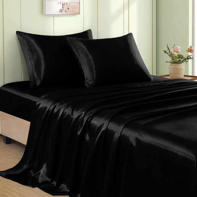 4PCS BLACK SATIN SHEETS QUEEN SIZE BED SET 15 INCH DEEP POCKET SILKY SATIN SHEET SET SOFT SATIN BEDDING SET COOLING LUXURY BED SHEETS 1 FITTED SHEET 1 FLAT SHEET 2 PILLOWCASES