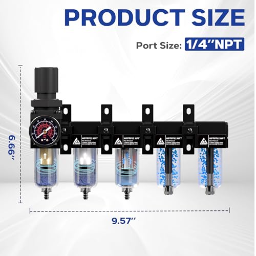 ATINY 1/4'' NPT 5 Stage Compressed Air Dryer,Air Dryer for Compressor 5 &0.5 &0.01 Micron Filter Cartridge,Double Desiccant Dryers & Air Regulator,Metal Bowl, Semi-Auto Drain,Industrial Grade-Black - Image 2