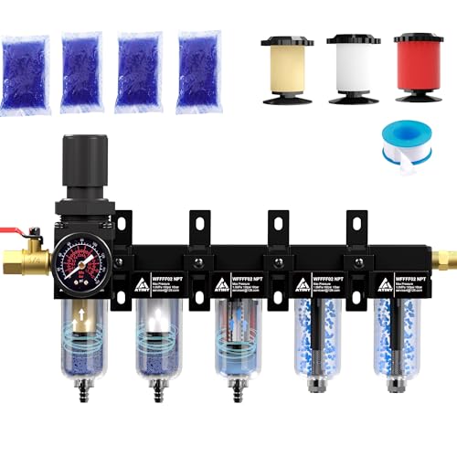 ATINY 1/4'' NPT 5 Stage Compressed Air Dryer,Air Dryer for Compressor 5 &0.5 &0.01 Micron Filter Cartridge,Double Desiccant Dryers & Air Regulator,Metal Bowl, Semi-Auto Drain,Industrial Grade-Black - Image 1