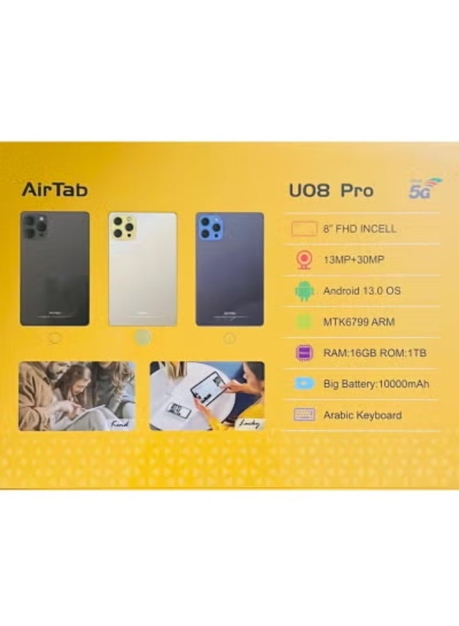 AirTab U08 Pro Android Tablet with Keyboard – 8" FHD Display, 16GB RAM, 1TB Storage, Dual Camera & Stylus – Powerful 10000mAh Battery for Students, Office Work & Gaming – Sleek Black Design with Detachable Keyboard - Image 3