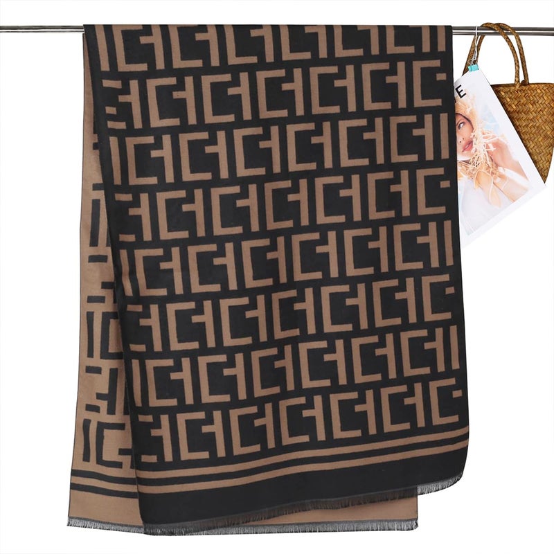 EXTREE Scarfs for Women Pashmina Silky Shawl Wrap for Evening Dressing Blanket Open Front Poncho Cape (AIG-dark brown-tan) - Image 4