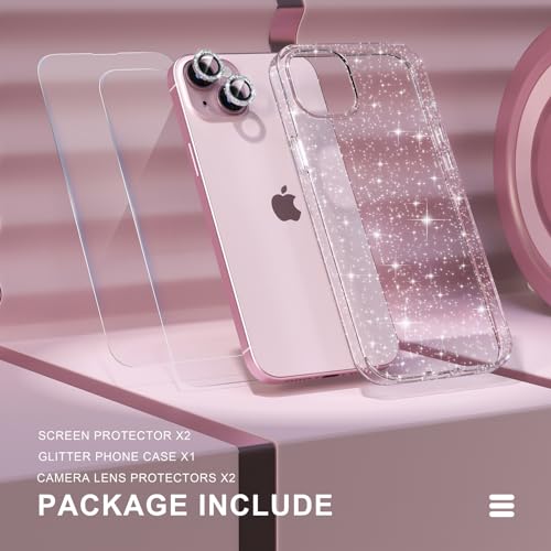Choiche Compatible for iPhone 15 Plus Case Women Phone Case, Cute Bling Sparkly, Military Grade Drop Protection, 2 Diamond Camera Lens Covers, 2 Tempered Glass Protectors, 6.7 inch (Glitter Clear) - Image 2