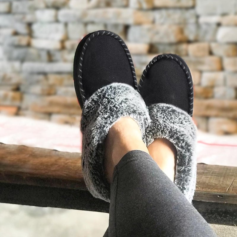 ULTRAIDEAS Women's Cozy Memory Foam Moccasin Suede Slippers with Fuzzy Plush Faux Fur Lining - Black - Image 2