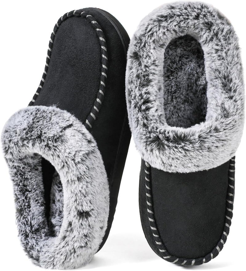 ULTRAIDEAS Women's Cozy Memory Foam Moccasin Suede Slippers with Fuzzy Plush Faux Fur Lining - Black - Image 1