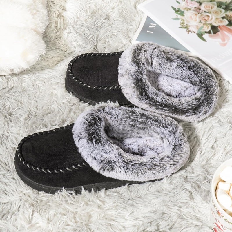 ULTRAIDEAS Women's Cozy Memory Foam Moccasin Suede Slippers with Fuzzy Plush Faux Fur Lining - Black - Image 5