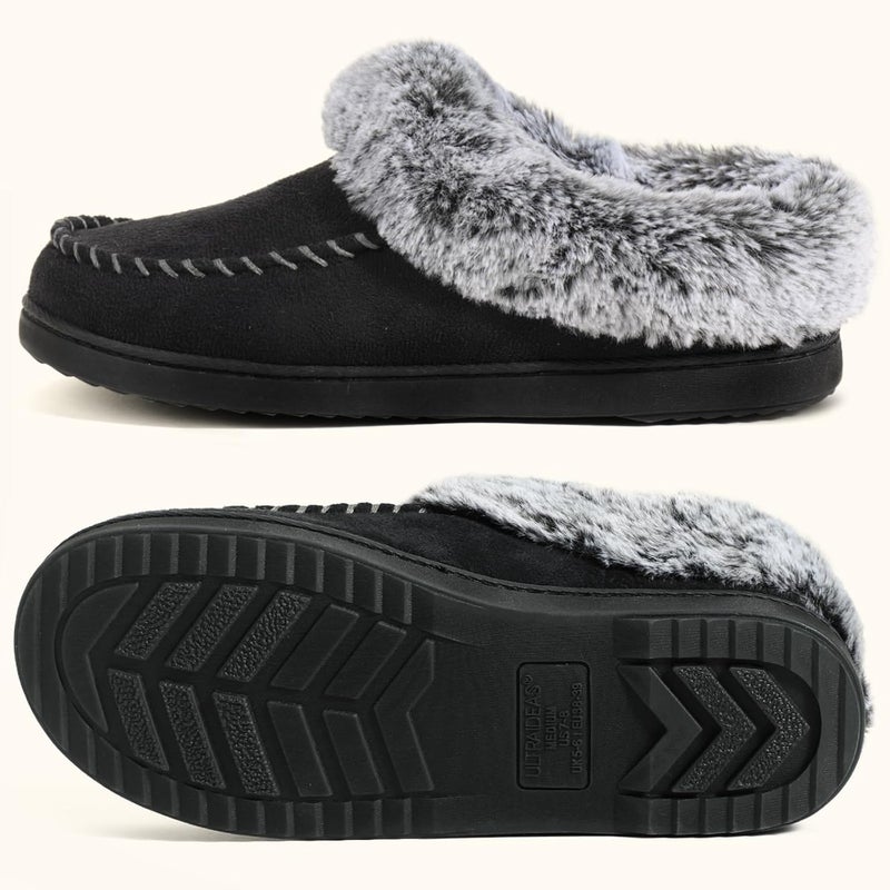 ULTRAIDEAS Women's Cozy Memory Foam Moccasin Suede Slippers with Fuzzy Plush Faux Fur Lining - Black - Image 4