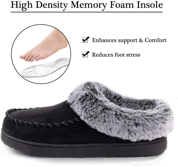ULTRAIDEAS Women's Cozy Memory Foam Moccasin Suede Slippers with Fuzzy Plush Faux Fur Lining - Black - Image 3