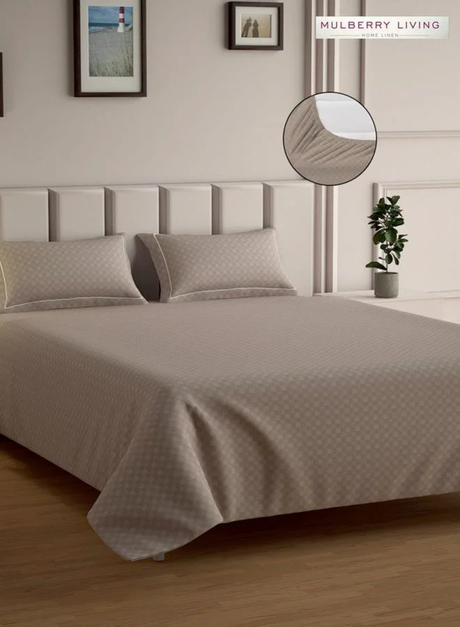 Mulberry Living 100% Cotton Queen Fitted Bedsheet With 2 Pillow Covers - 300Tc Urban Grid - Mocha