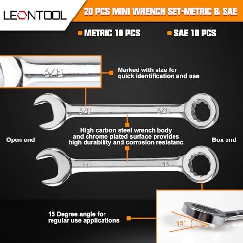 LEONTOOL Mini Wrench Set Metric and SAE 20 Pcs Ignition Wrenches 4-11mm & 5/32" to 7/16" Open End Box End Wrench Set with Key Ring, Combination Wrench Sets with Zipper Bag - Image 2
