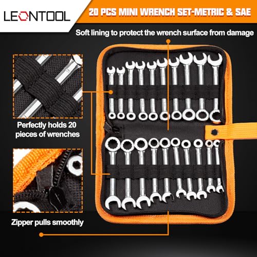 LEONTOOL Mini Wrench Set Metric and SAE 20 Pcs Ignition Wrenches 4-11mm & 5/32" to 7/16" Open End Box End Wrench Set with Key Ring, Combination Wrench Sets with Zipper Bag - Image 4