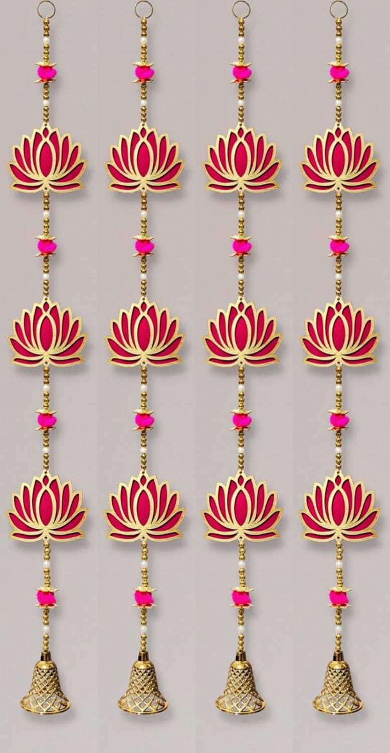 True Decor 2PC Wall Door Hanging Lotus Toran with Bells Main Door Entrance Pooja Room Temple Wedding Festival Decor - Diwali Decoration Items for Home Dcor - Image 2