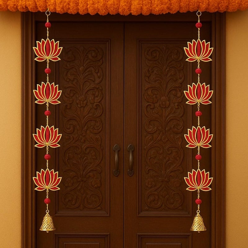 True Decor 2PC Wall Door Hanging Lotus Toran with Bells Main Door Entrance Pooja Room Temple Wedding Festival Decor - Diwali Decoration Items for Home Dcor - Image 1