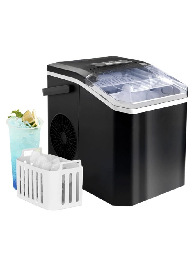 Portable Countertop Ice Maker - 9 Ice Cubes in 6 Minutes, 12kg/24H Daily Output, Self-Cleaning Function with Ice Scoop and Basket, Perfect for Kitchens, Offices, Bars & Parties - Black
