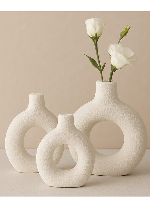 Ceramic Vases For Home Decor, Set Of 3 Dotted Donuts - Modern Round Vase For Artificial Pampas Grass Flowers, Boho Decor For Living Room, Dining Table, Bedroom, Farmhouse Shelf