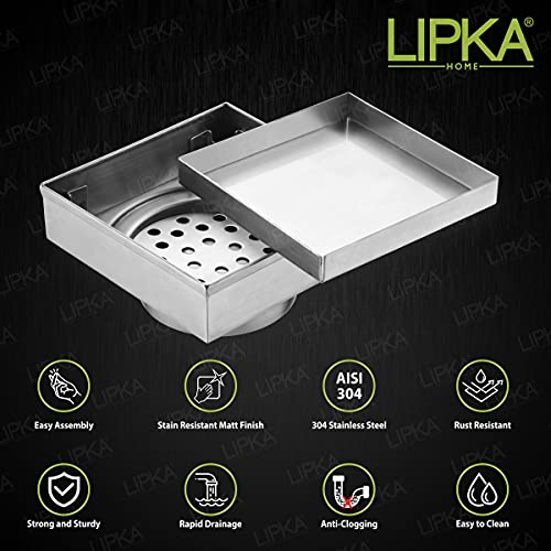 LIPKA 5 x 5 Inches Square Marble Insert Floor Drain | 304 Grade Stainless Steel/Invisible Shower Drain Channel |Waste Water Floor Drain for Bathroom & Showers Areas/Drain Jali with Anti Cockroach Trap - Image 3