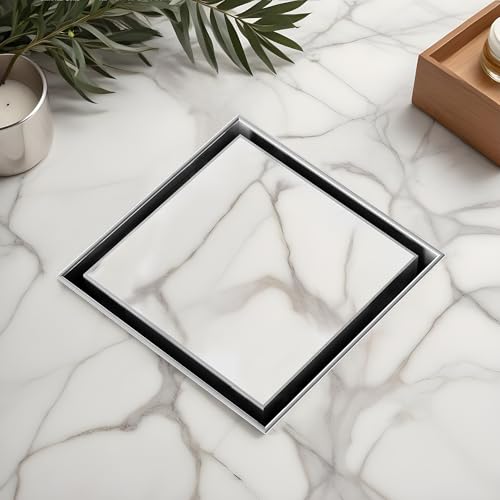 LIPKA 5 x 5 Inches Square Marble Insert Floor Drain | 304 Grade Stainless Steel/Invisible Shower Drain Channel |Waste Water Floor Drain for Bathroom & Showers Areas/Drain Jali with Anti Cockroach Trap - Image 1
