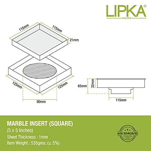 LIPKA 5 x 5 Inches Square Marble Insert Floor Drain | 304 Grade Stainless Steel/Invisible Shower Drain Channel |Waste Water Floor Drain for Bathroom & Showers Areas/Drain Jali with Anti Cockroach Trap - Image 2