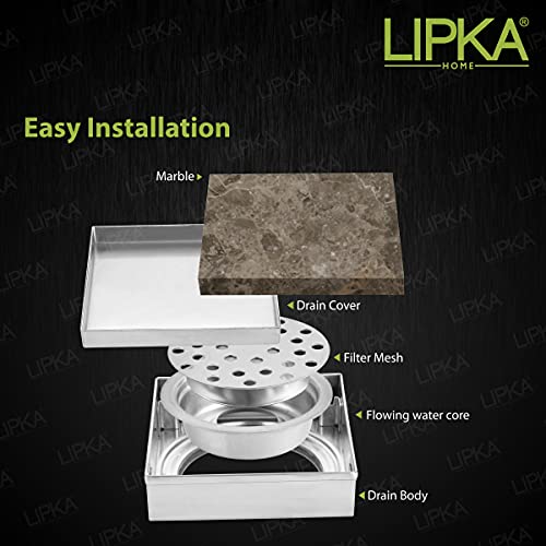 LIPKA 5 x 5 Inches Square Marble Insert Floor Drain | 304 Grade Stainless Steel/Invisible Shower Drain Channel |Waste Water Floor Drain for Bathroom & Showers Areas/Drain Jali with Anti Cockroach Trap - Image 4