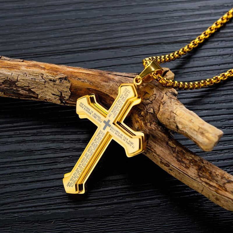 OLEVS Gold Men's Cross Pendant Necklace Large Stainless Steel Yellow Gold Cross Pendant Necklace for Men - Image 2