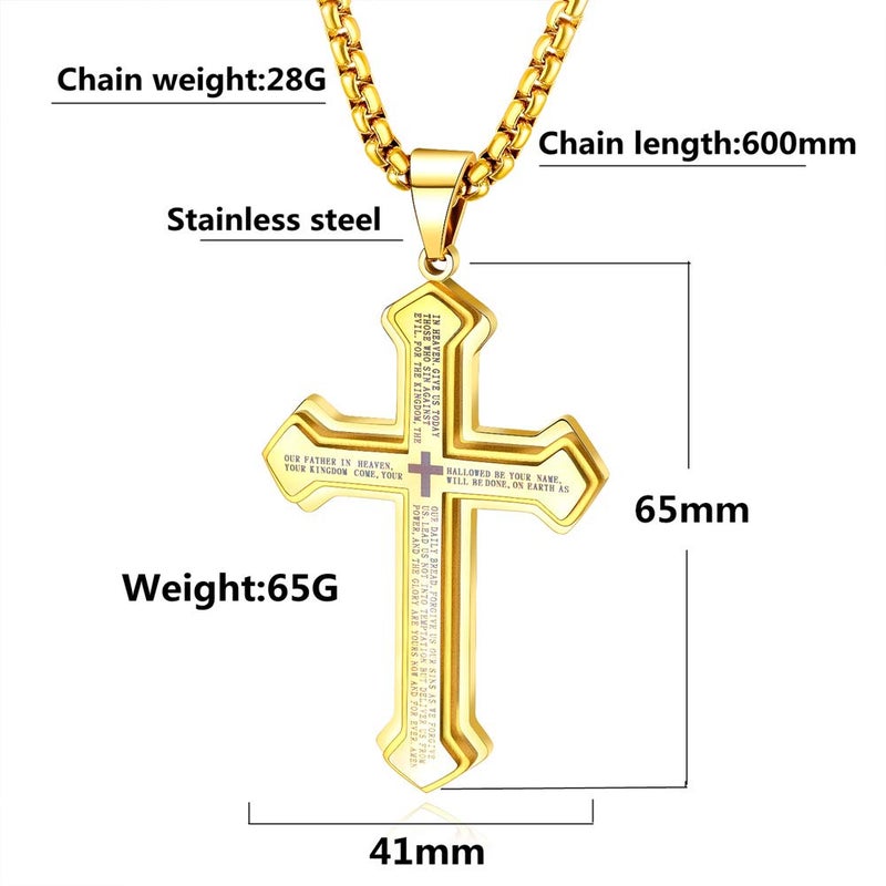 OLEVS Gold Men's Cross Pendant Necklace Large Stainless Steel Yellow Gold Cross Pendant Necklace for Men - Image 3