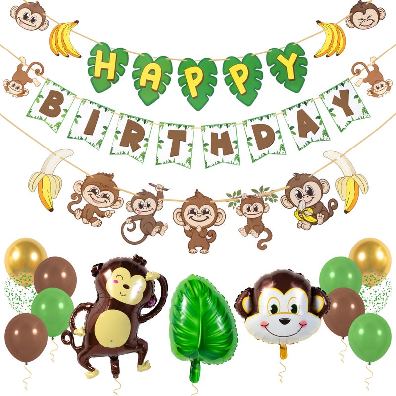 Pirese Monkey Birthday Banner, Monkey Party Decorations, Jungle Birthday Party Decorations | Banana Party Decorations| Banana Birthday Decorations | Monkey Birthday Party Supplies | Monkey Decor - Image 1