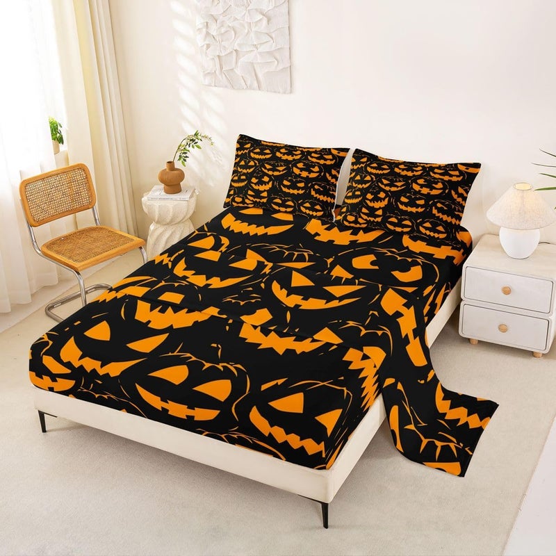 Feelyou Spooky Pumpkin Bed Sheets Set Full Size Halloween Themed Bed Set for Kids Boys Girls Trick or Treat Deep Pocket Fitted Sheet Graveyard Breathable Soft Lightweight Microfiber Orange and Black - Image 1