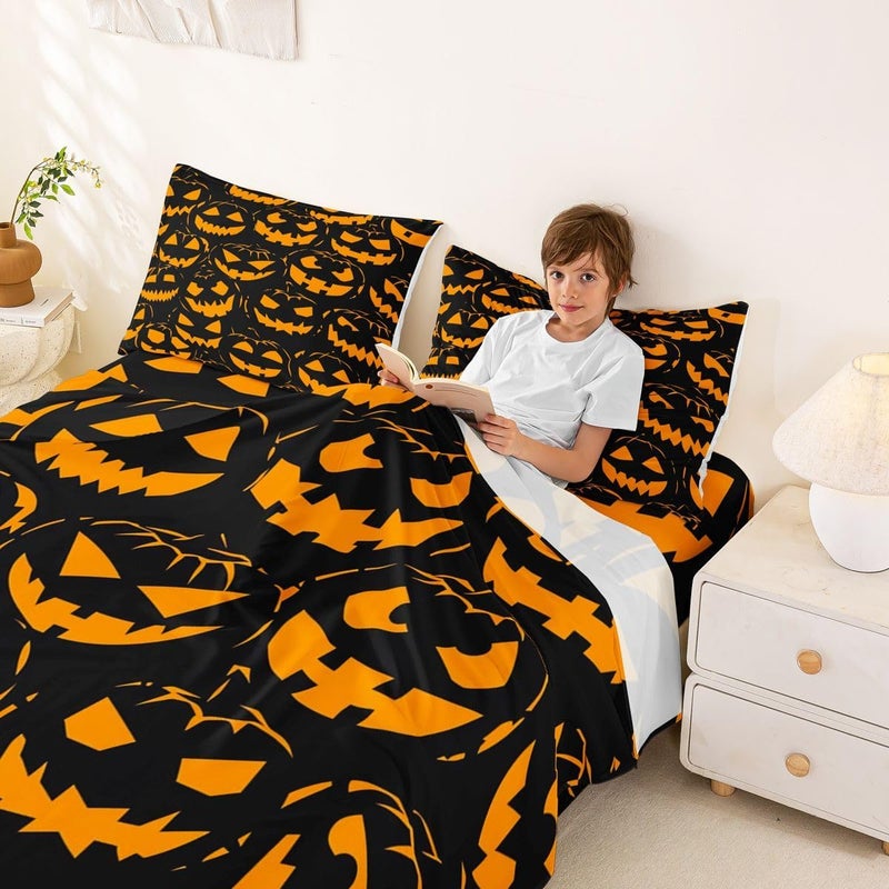 Feelyou Spooky Pumpkin Bed Sheets Set Full Size Halloween Themed Bed Set for Kids Boys Girls Trick or Treat Deep Pocket Fitted Sheet Graveyard Breathable Soft Lightweight Microfiber Orange and Black - Image 3