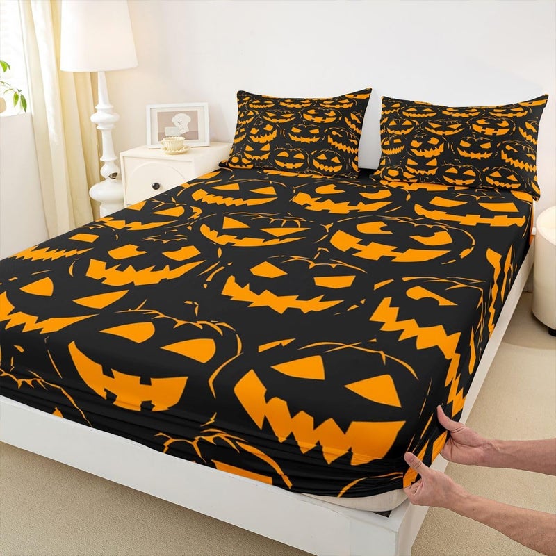 Feelyou Spooky Pumpkin Bed Sheets Set Full Size Halloween Themed Bed Set for Kids Boys Girls Trick or Treat Deep Pocket Fitted Sheet Graveyard Breathable Soft Lightweight Microfiber Orange and Black - Image 4