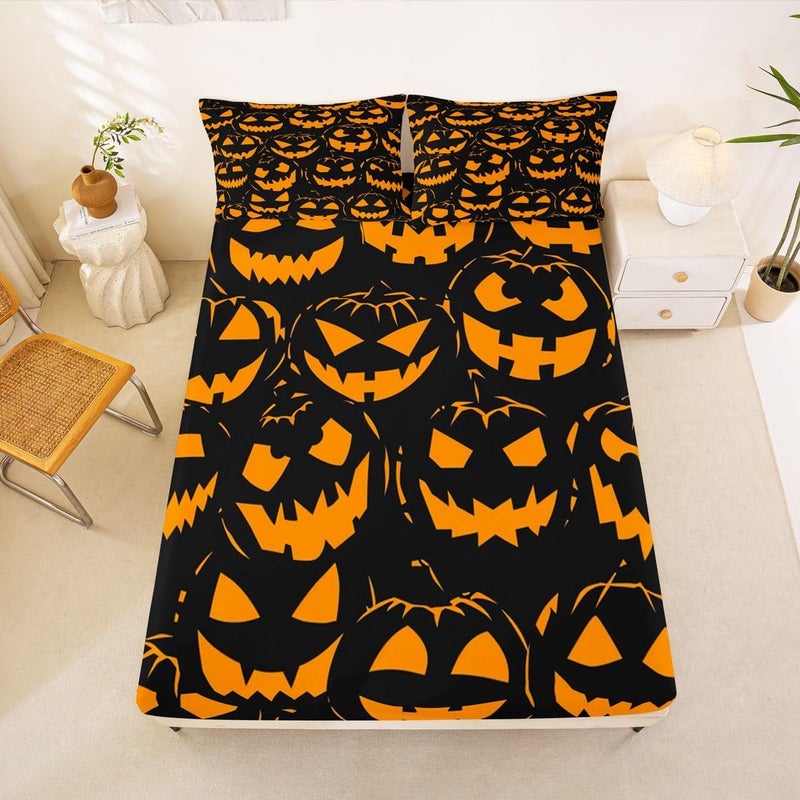 Feelyou Spooky Pumpkin Bed Sheets Set Full Size Halloween Themed Bed Set for Kids Boys Girls Trick or Treat Deep Pocket Fitted Sheet Graveyard Breathable Soft Lightweight Microfiber Orange and Black - Image 2