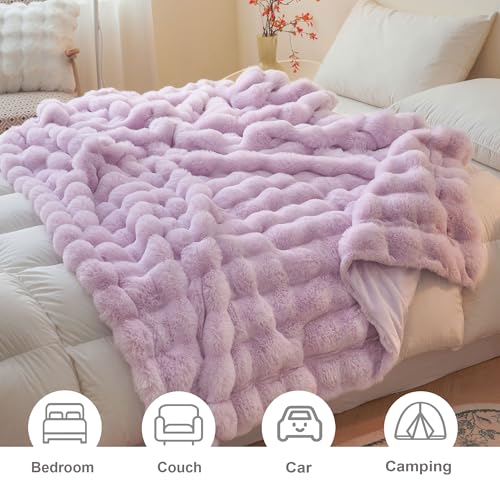 LIFEREVO Fluffy Faux Rabbit Fur Bubble Throw, Plush Shaggy Blanket for Couch Sofa Chair, Soft Cute Furry Light Purple Blanket Adult Kids Girls, Fuzzy Lap Throw for Bedroom Living Room, 50x60, Lavender - Image 4