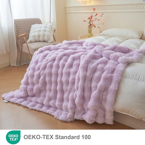 LIFEREVO Fluffy Faux Rabbit Fur Bubble Throw, Plush Shaggy Blanket for Couch Sofa Chair, Soft Cute Furry Light Purple Blanket Adult Kids Girls, Fuzzy Lap Throw for Bedroom Living Room, 50x60, Lavender - Image 2