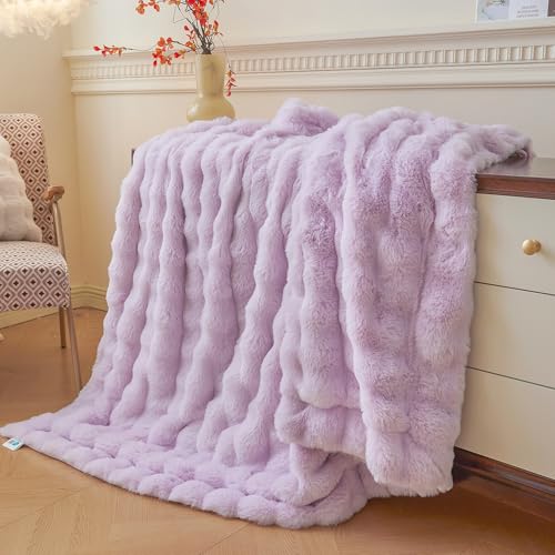 LIFEREVO Fluffy Faux Rabbit Fur Bubble Throw, Plush Shaggy Blanket for Couch Sofa Chair, Soft Cute Furry Light Purple Blanket Adult Kids Girls, Fuzzy Lap Throw for Bedroom Living Room, 50x60, Lavender - Image 5