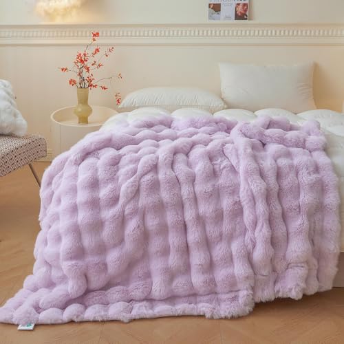 LIFEREVO Fluffy Faux Rabbit Fur Bubble Throw, Plush Shaggy Blanket for Couch Sofa Chair, Soft Cute Furry Light Purple Blanket Adult Kids Girls, Fuzzy Lap Throw for Bedroom Living Room, 50x60, Lavender - Image 1