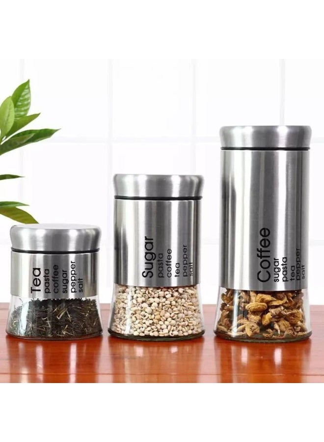 ناما طقم برطمانات توابل من 3 قطع مصنوعة الزجاج والمعدن للملح والسكر والتوابل - Image 1