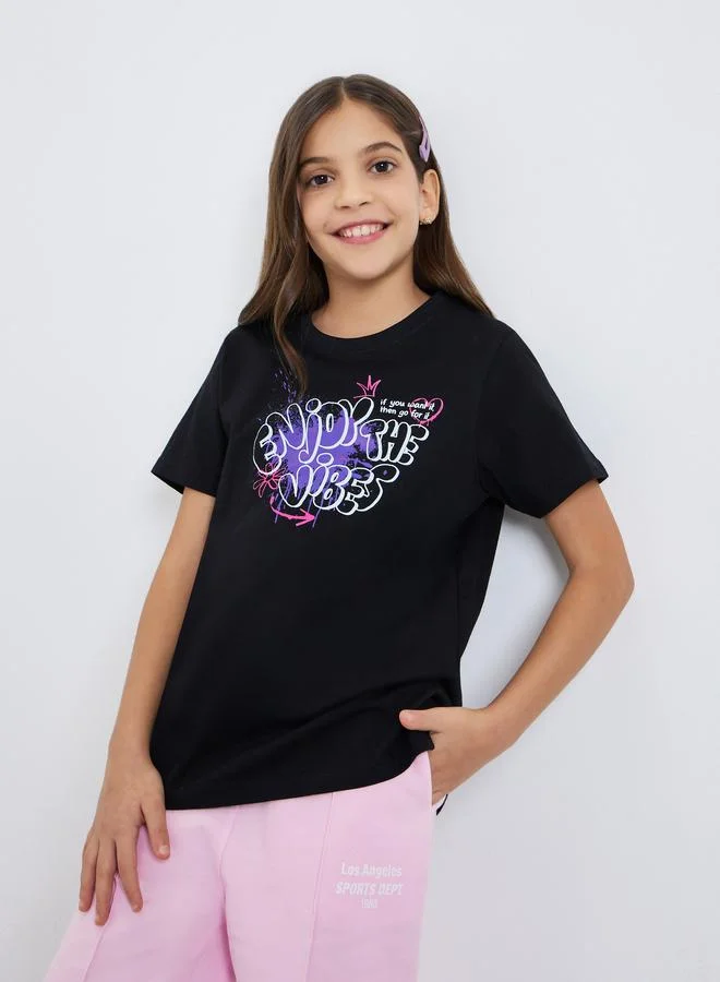 Styli Girls Black Graphic Print T-Shirt