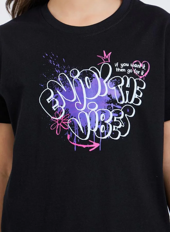 Styli Girls Black Graphic Print T-Shirt