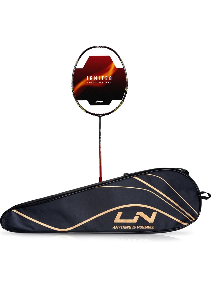 Li-Ning Ignite 8 Japanese Carbon Graphite Unstrung Badminton Racket with Full Cover (Cool Gray/Bull Red, 77 Grams) - Image 1