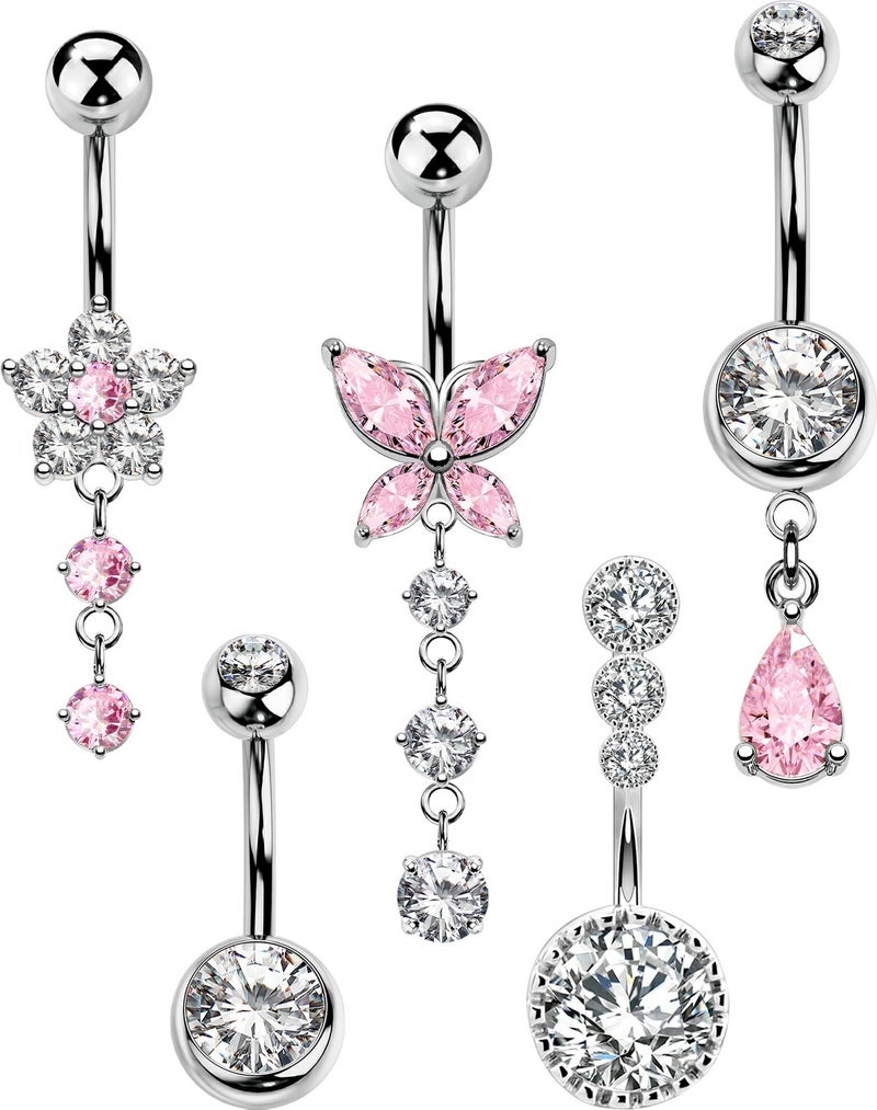 MS CUTE 5PCS Silver Dangle Belly Button Rings for Women, 14G 10MM 316L Stainless Steel Pink Navel Piercing Jewelry Set with CZ Butterfly Flower Teardrop, Hypoallergenic Body Jewelry Set - Image 1