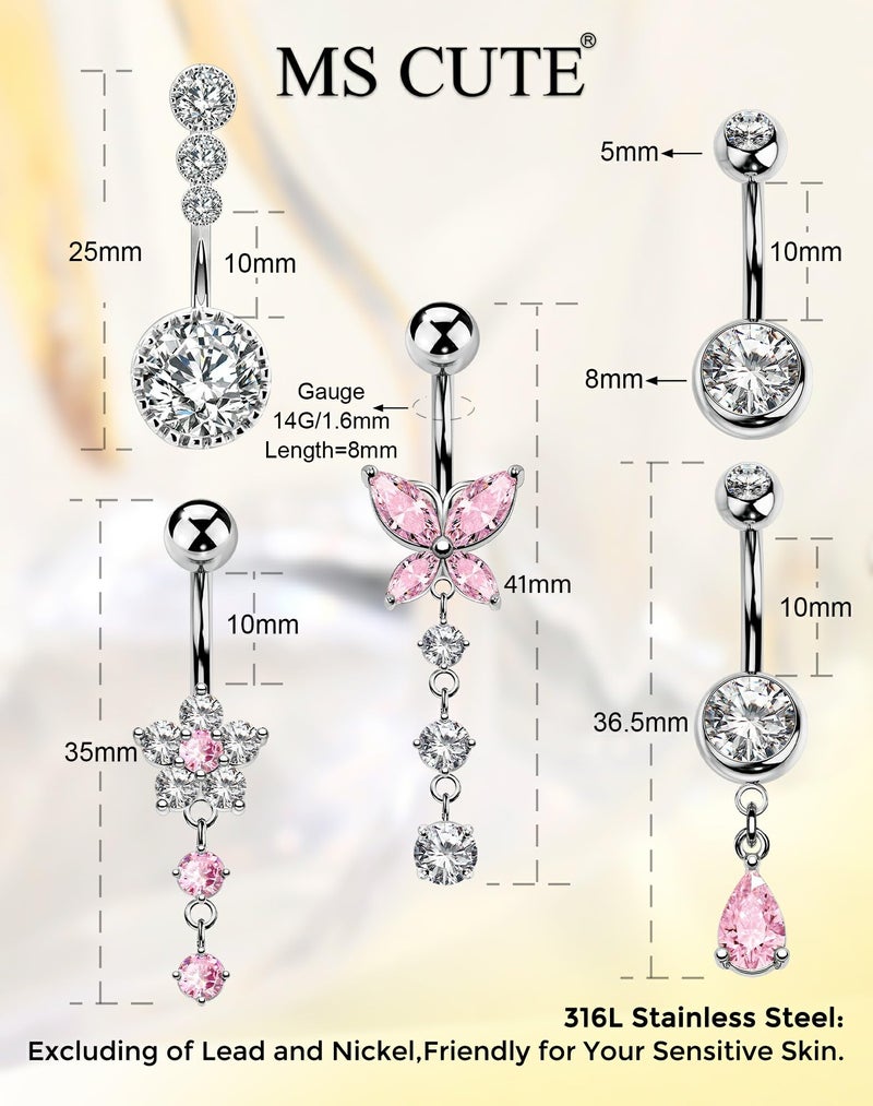 MS CUTE 5PCS Silver Dangle Belly Button Rings for Women, 14G 10MM 316L Stainless Steel Pink Navel Piercing Jewelry Set with CZ Butterfly Flower Teardrop, Hypoallergenic Body Jewelry Set - Image 4