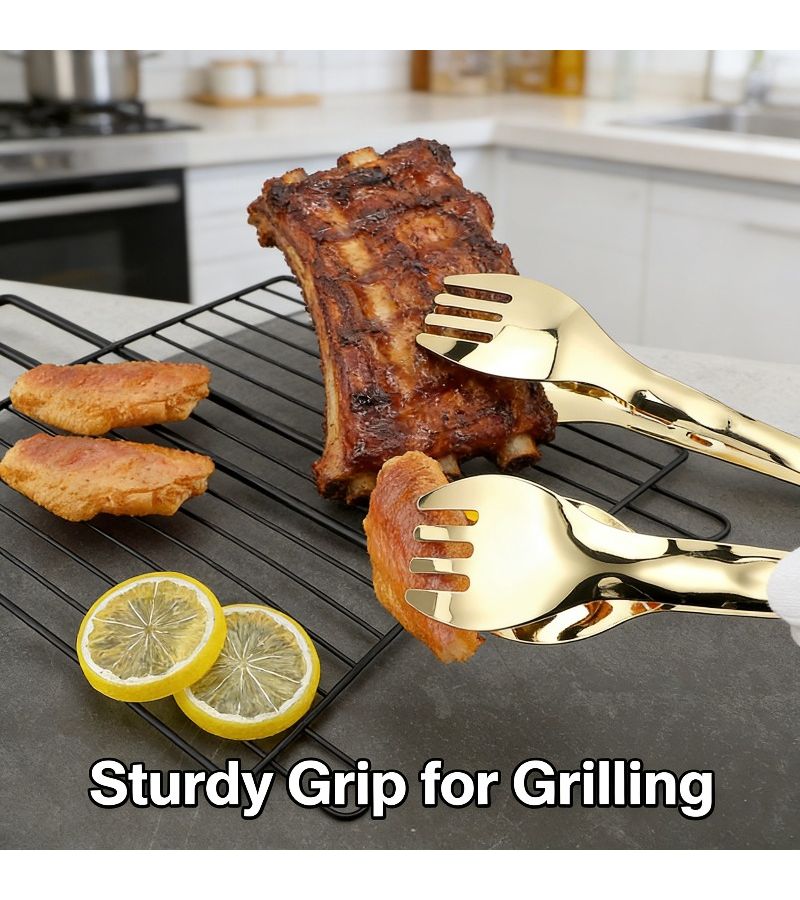 Golden Color 9 Inch Multifunctional Food Serving Tongs Cake Steak Barbecue Clip - Image 5