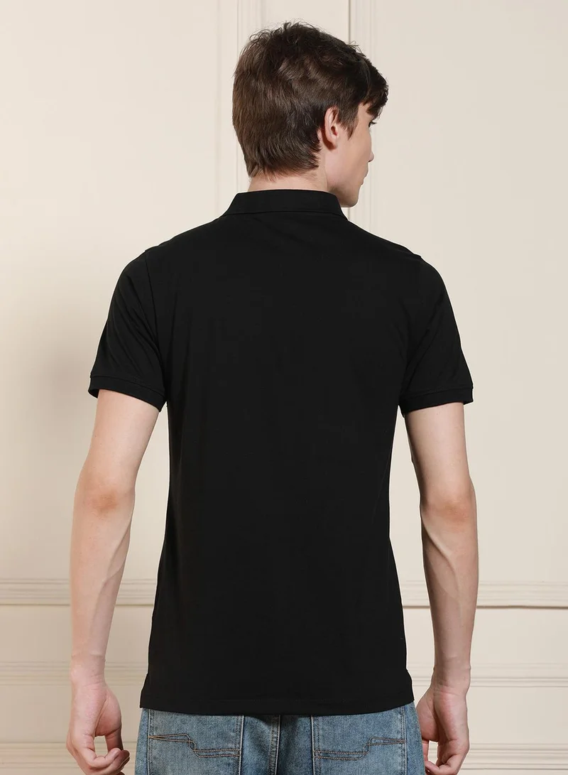 دينيس لينغو Black Regular Fit Solid Polo Collar T-shirt for Men - 100% Cotton, Half Sleeve, Casual