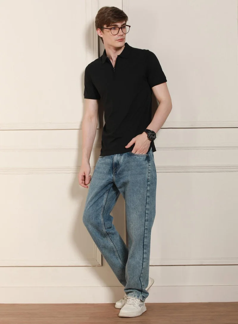 دينيس لينغو Black Regular Fit Solid Polo Collar T-shirt for Men - 100% Cotton, Half Sleeve, Casual