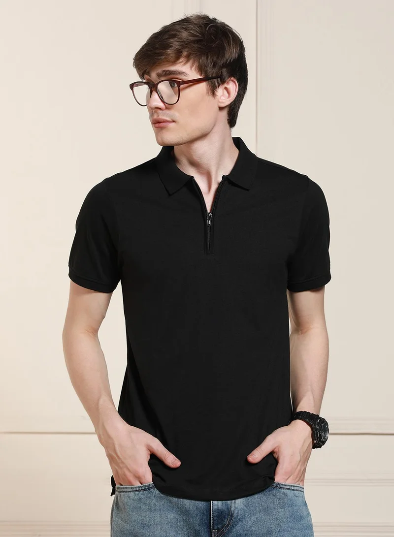 دينيس لينغو Black Regular Fit Solid Polo Collar T-shirt for Men - 100% Cotton, Half Sleeve, Casual