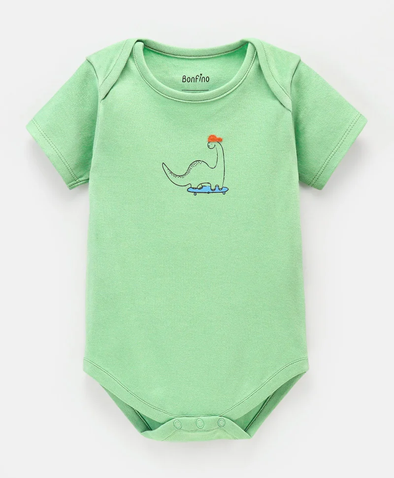 Bonfino Bonfino 100% Cotton Half sleeves Dino Print Onesies Pack of 3 - Green White & Brown