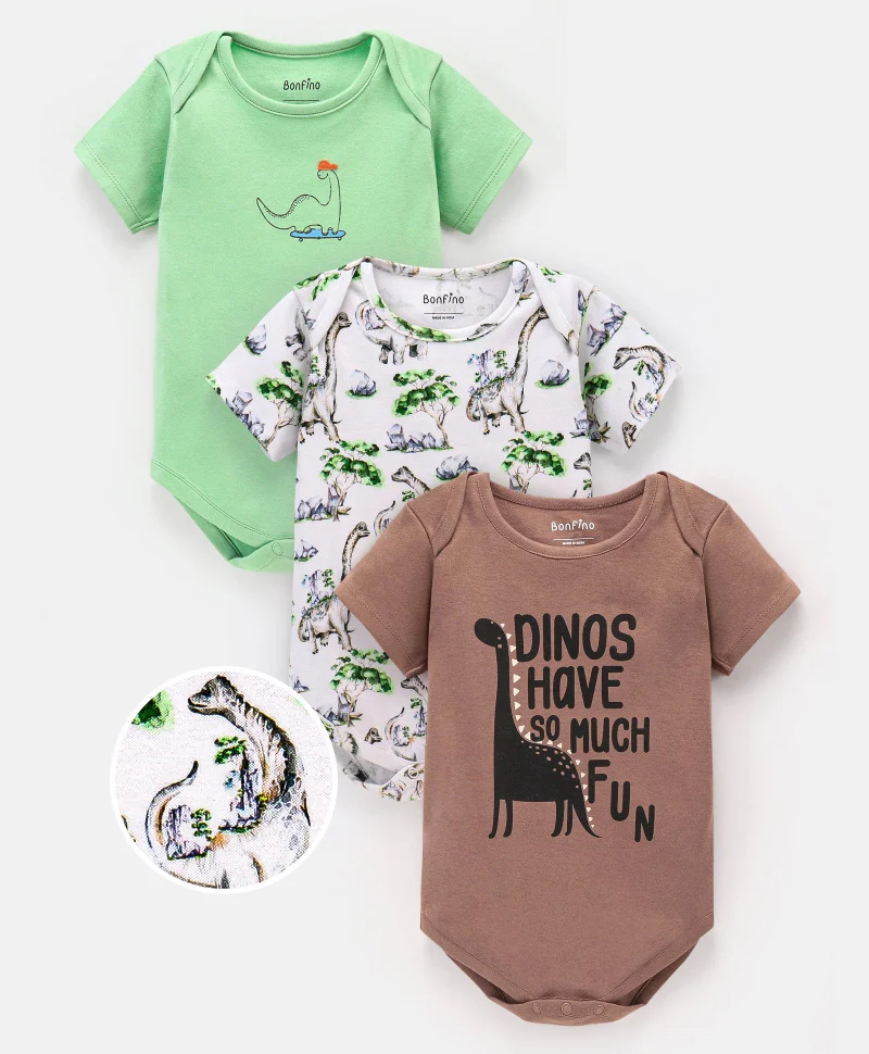 Bonfino Bonfino 100% Cotton Half sleeves Dino Print Onesies Pack of 3 - Green White & Brown