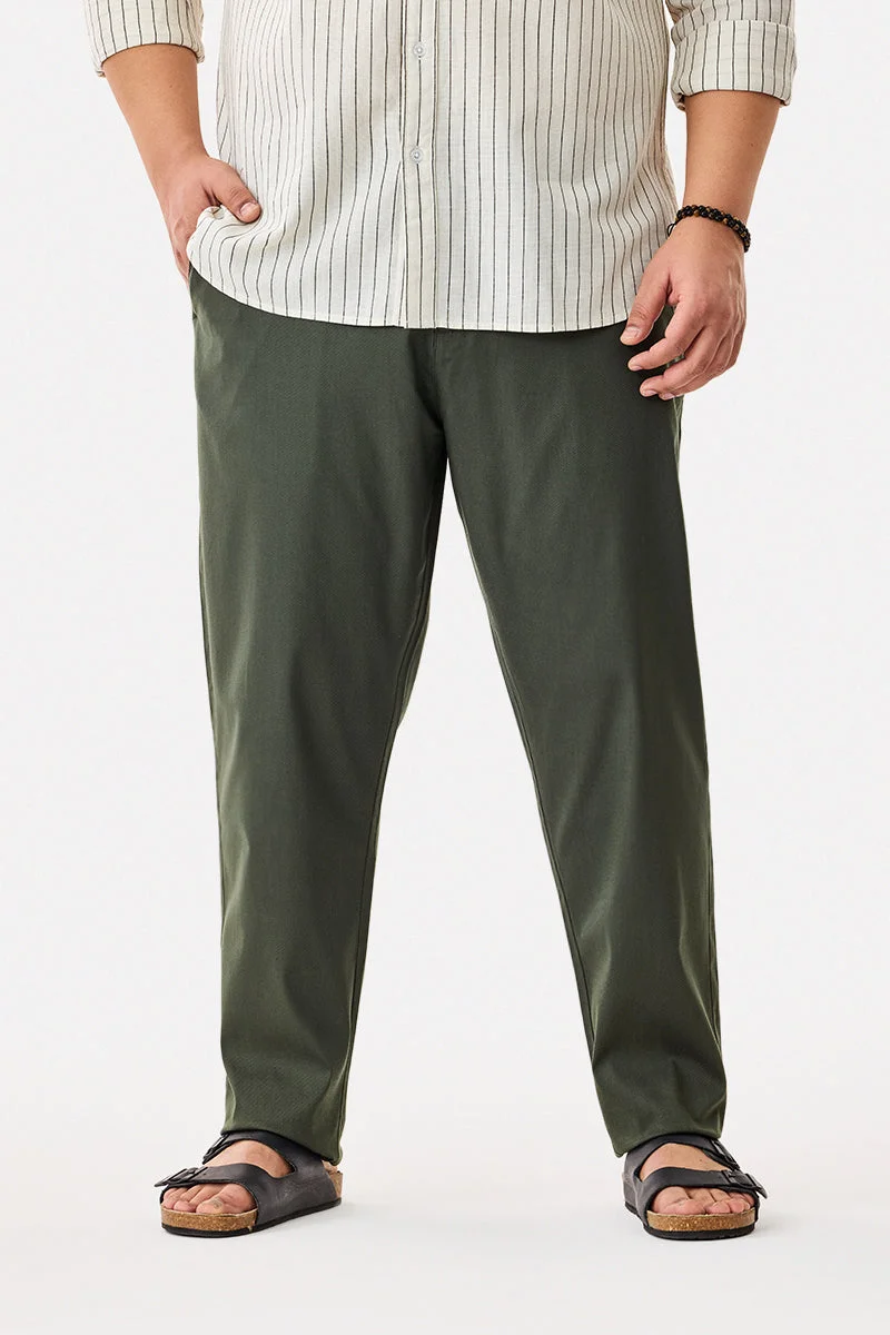 SNITCH Green Textured Regular Fit Casual Plus Size Trousers