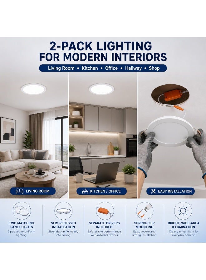 2-Pack 20W Round Recessed LED Panel Lights, Ultra-Slim Ceiling Downlights with External Drivers, 1300LM Brightness, 220–240V, 225mm White Flush-Mount Lights for Home, Office, Kitchen & Shop - Image 5