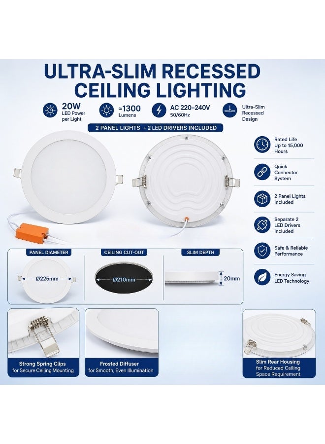 2-Pack 20W Round Recessed LED Panel Lights, Ultra-Slim Ceiling Downlights with External Drivers, 1300LM Brightness, 220–240V, 225mm White Flush-Mount Lights for Home, Office, Kitchen & Shop - Image 4